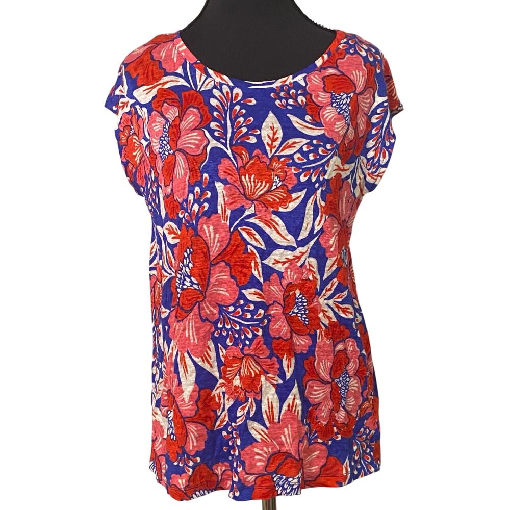 Sigrid Olsen 100% Linen Floral Split Back Top Blue Pink Red Medium Tropical Boho